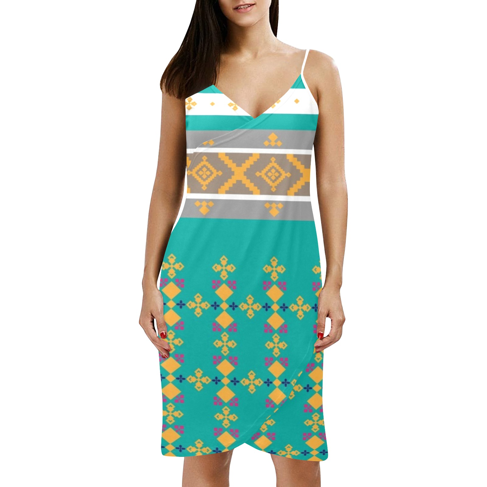 Ethnic Abstract Spaghetti Strap Backless Beach Cover Up Dress (Model D65)