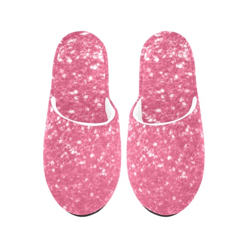 Magenta light pink red faux sparkles glitter Women's Cotton Slippers (Model 0601)