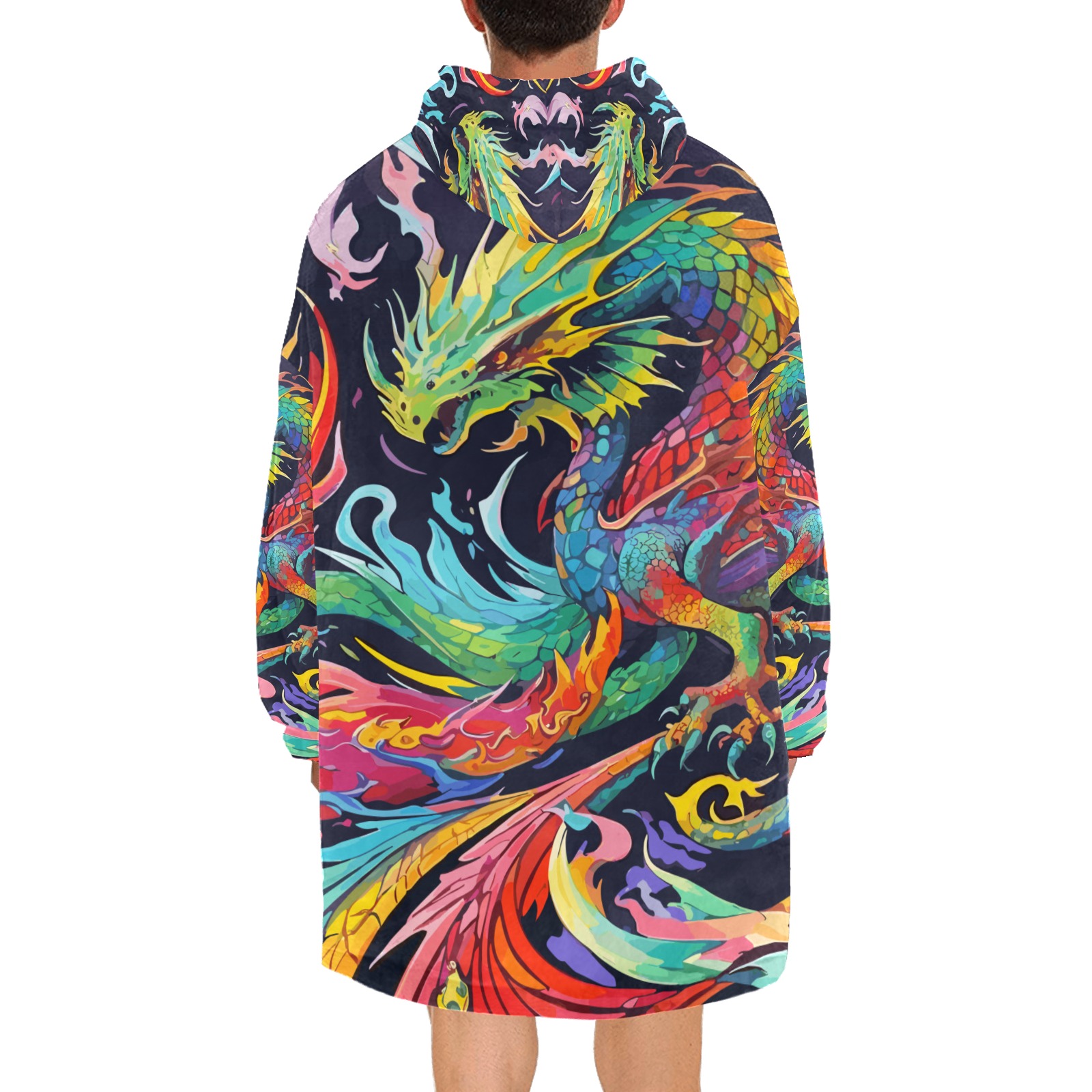 Awesome colorful abstract dragons, fire on black. Blanket Hoodie for Men