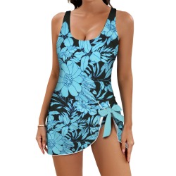 winter blue floral watercolor Women's One Piece Skirted Swimsuit (Model S54)