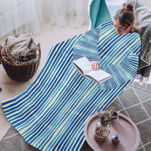 Watercolor STRIPES grunge pattern - blue Blanket Robe with Sleeves for Adults