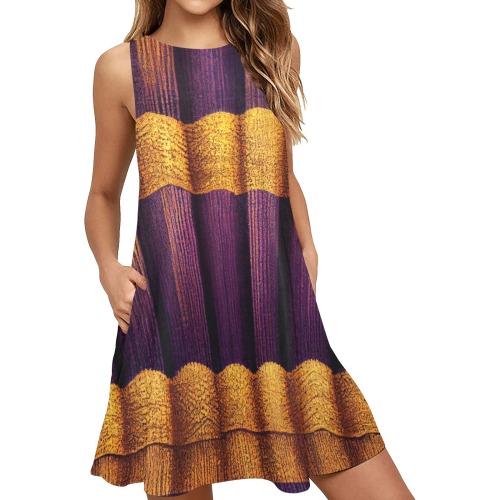 violet and gold pattern Sleeveless A-Line Pocket Dress (Model D57)