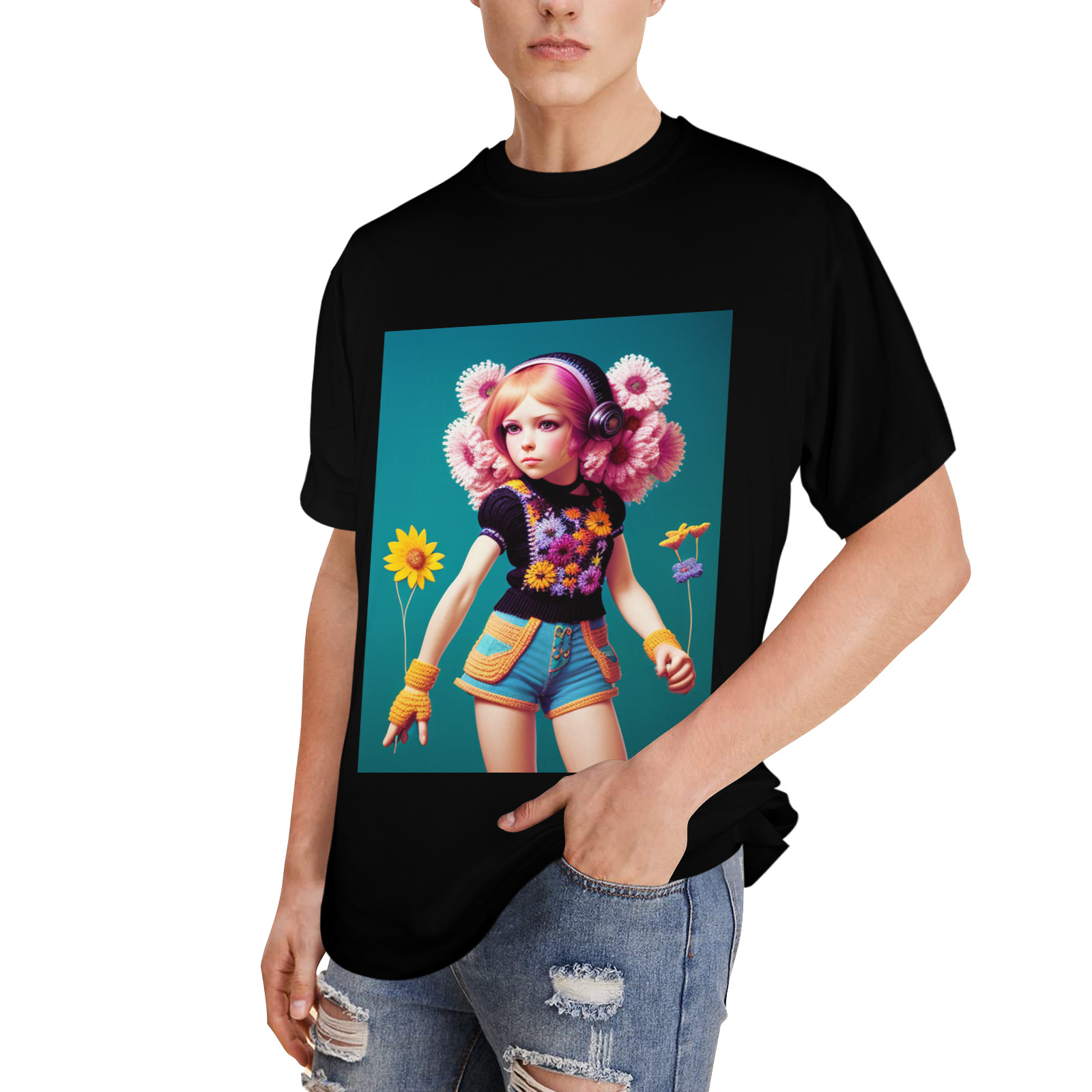 pretty retro vintage girl with flowers Men's Glow in the Dark T-shirt (Front Printing)