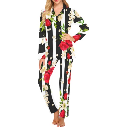 VintageRose and LilyFlowers on BlackStripes Women's Long Pajama Set