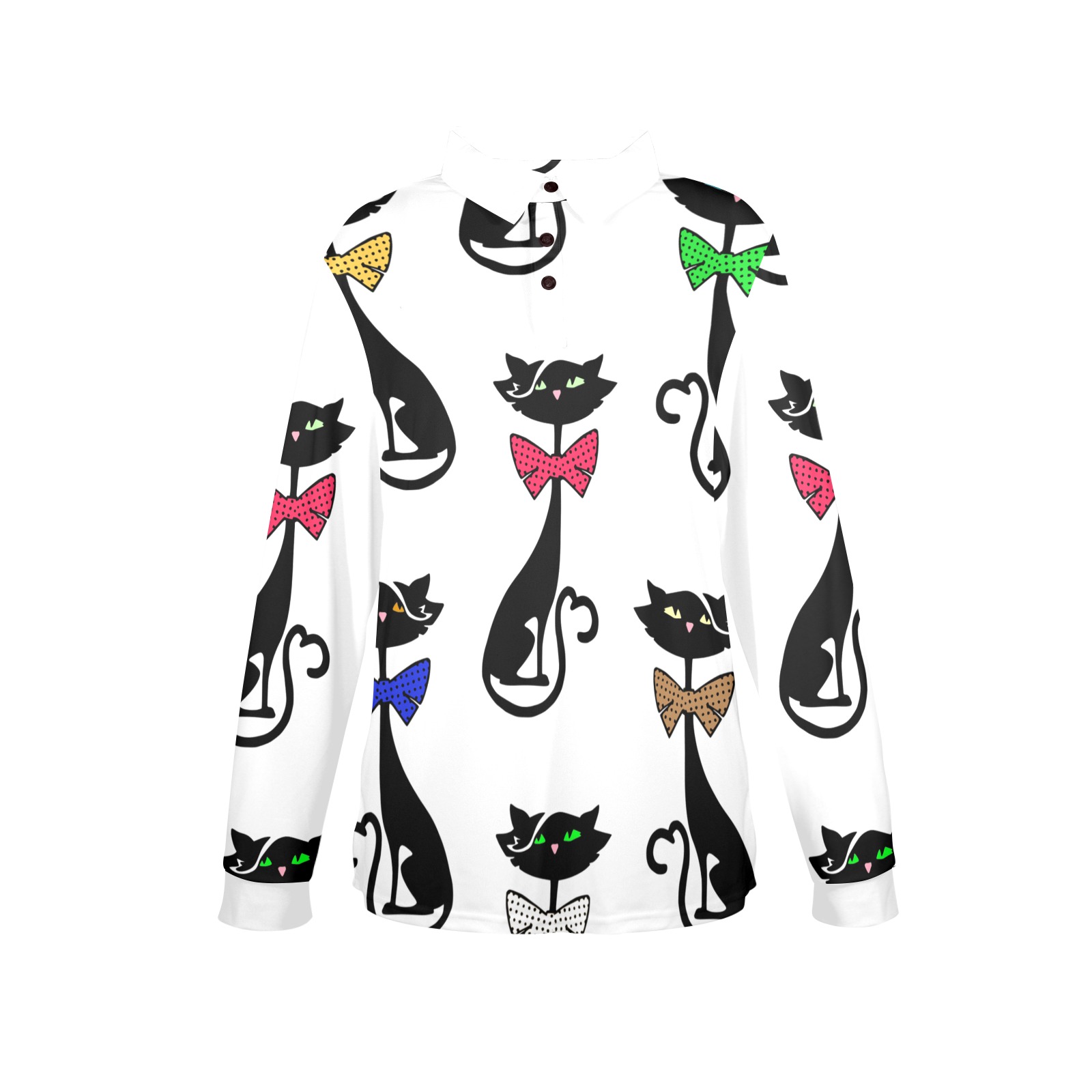 Black Cat with Bow Ties / White Women's Long Sleeve Polo Shirt (Model T73)