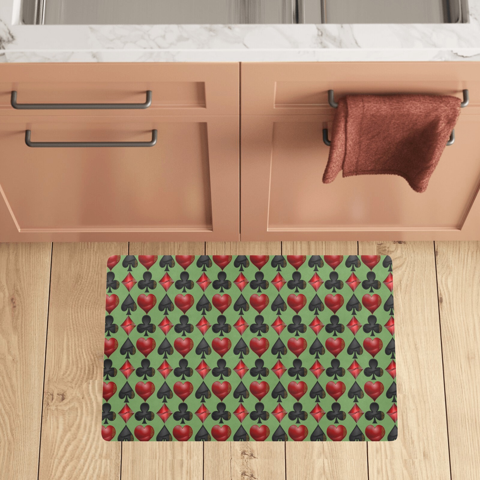 Black Red Playing Card Shapes / Green Kitchen Mat 28"x17"