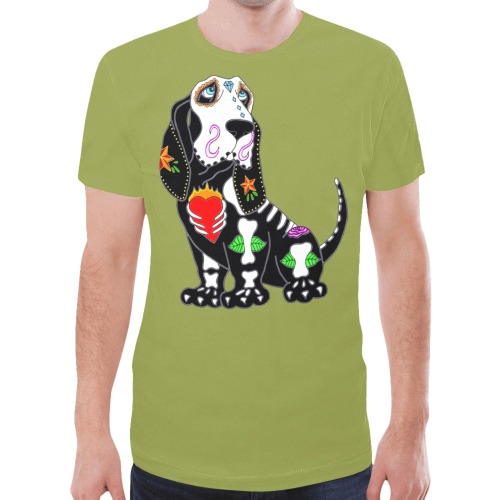 Basset Hound Sugar Skull Olive Green New All Over Print T-shirt for Men (Model T45)