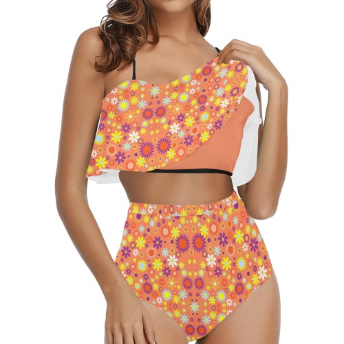 Floral Pattern Living Coral High Waisted Ruffle Bikini Set (Model S13)
