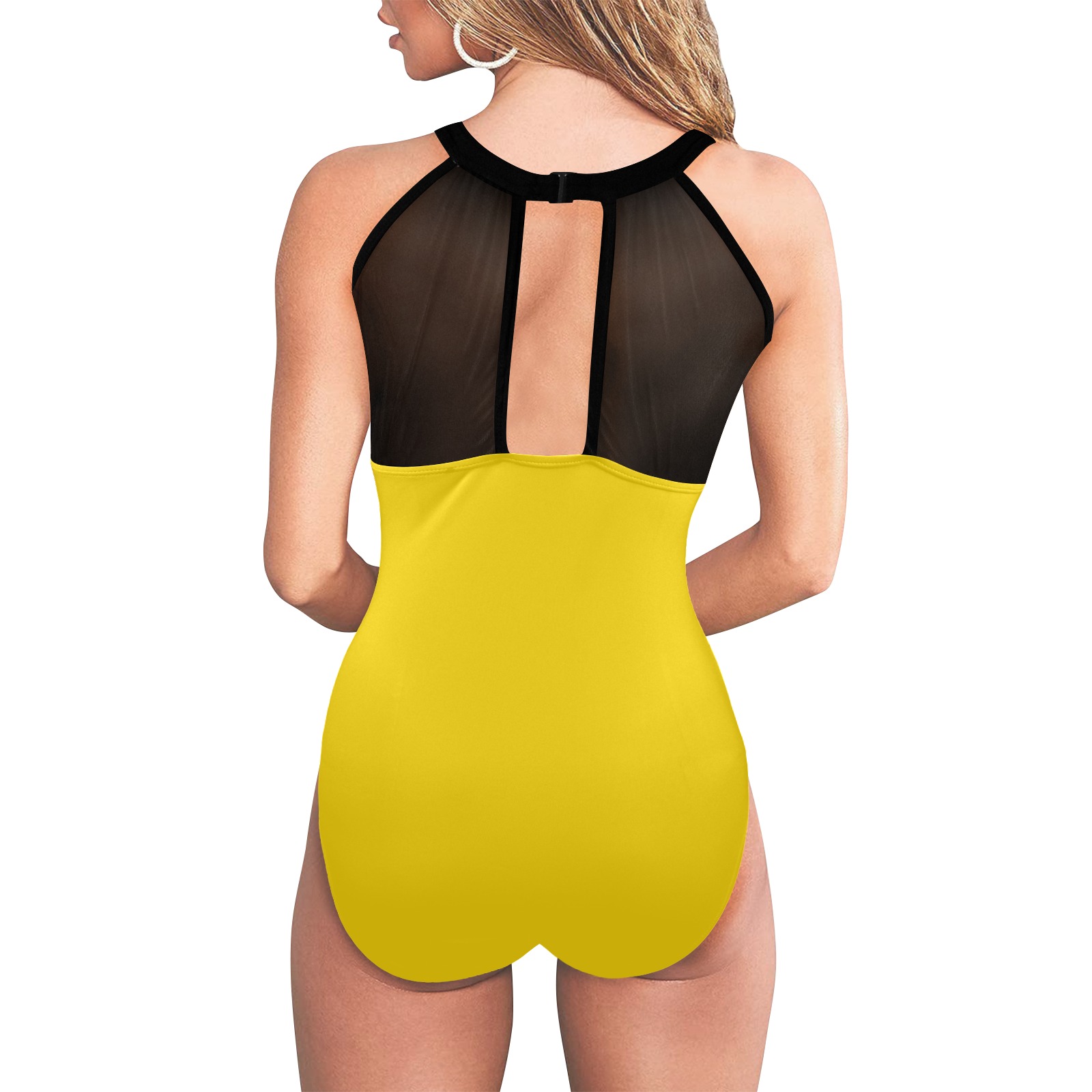 yellow print 2 Women's High Neck Plunge Mesh Ruched Swimsuit (S43)