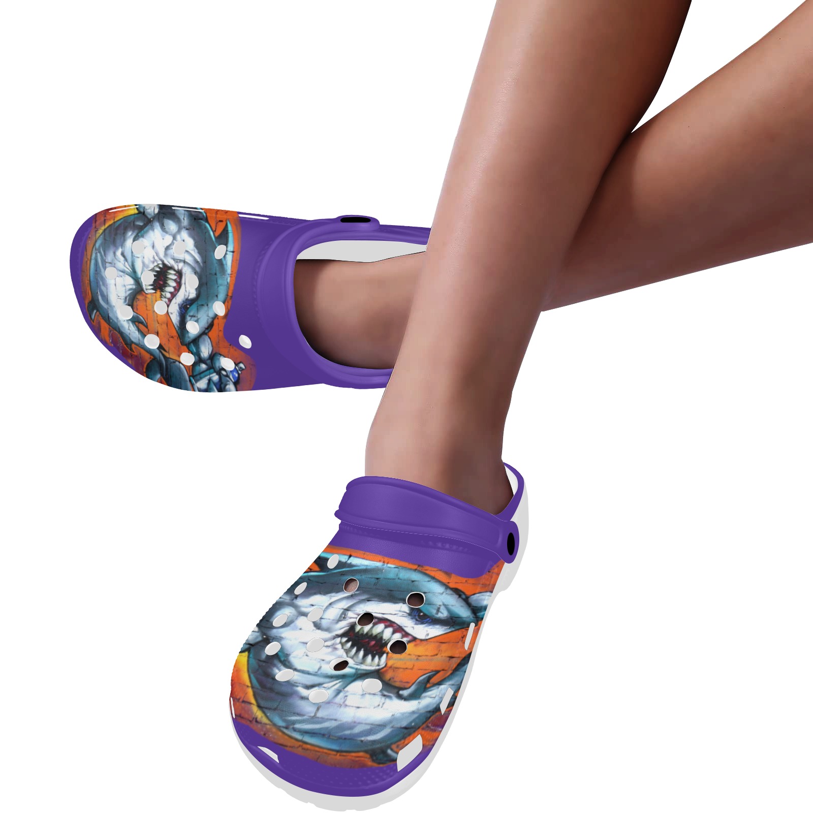 Graffiti Shark - Purple Custom Print Foam Clogs for Adults