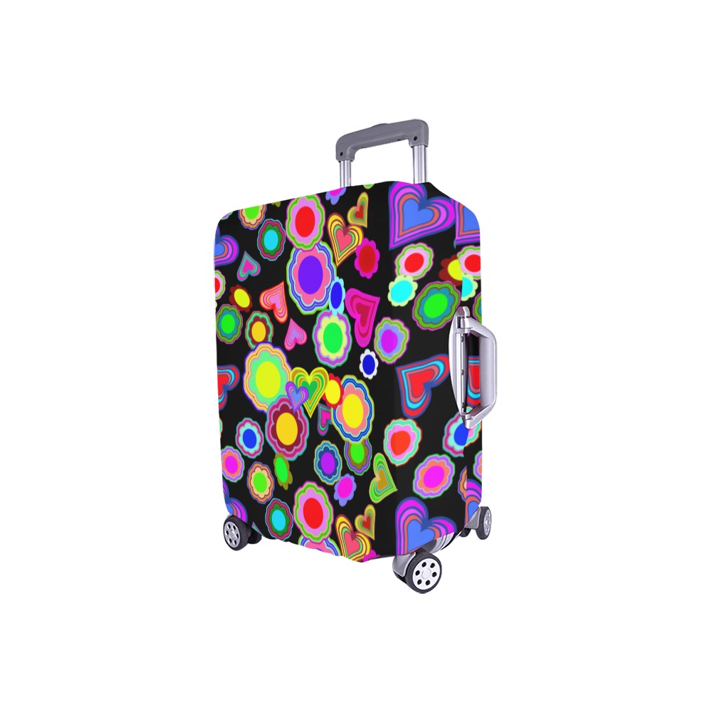 Groovy Hearts and Flowers Black Luggage Cover/Small 18"-21"