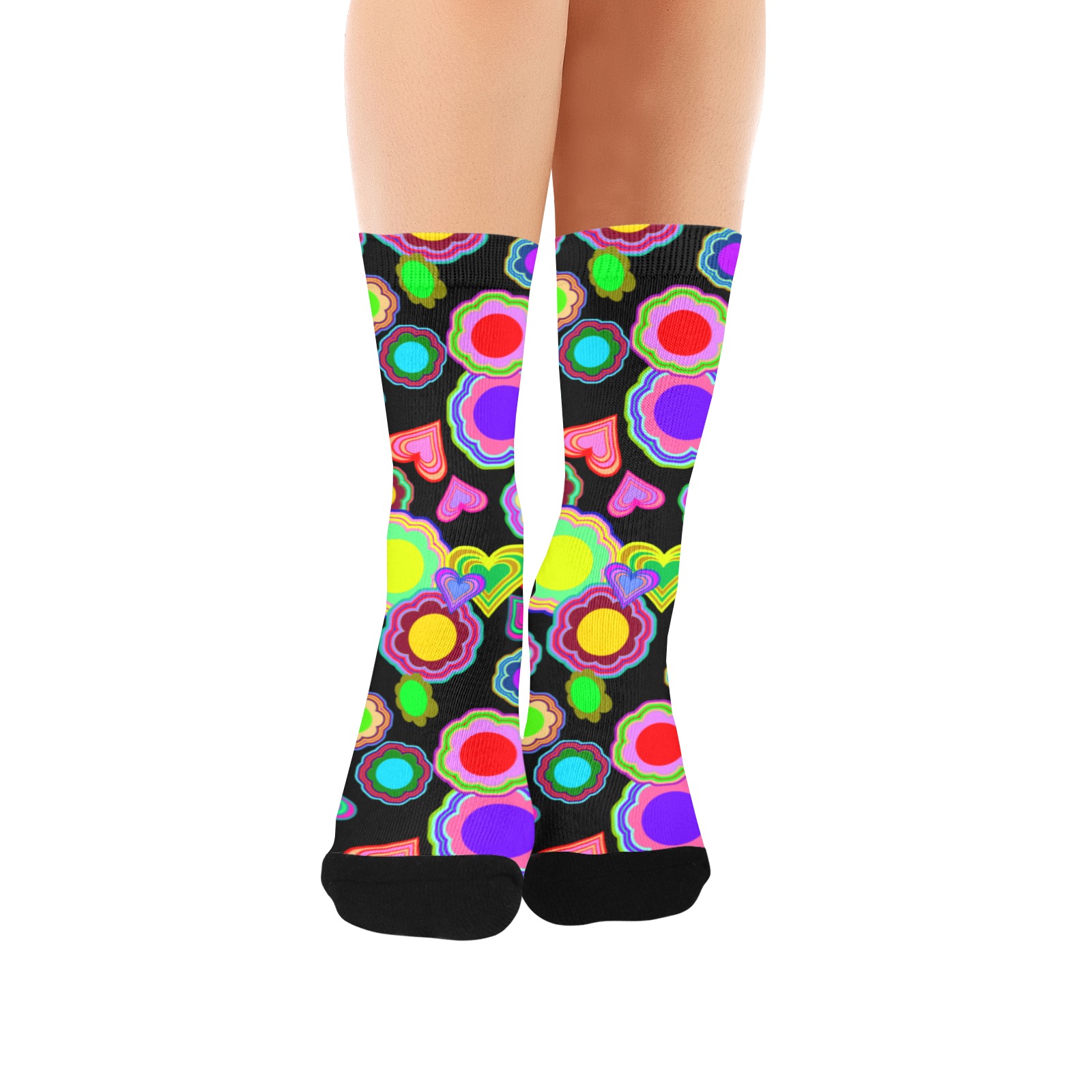 Groovy Hearts and Flowers Black Custom Socks for Women