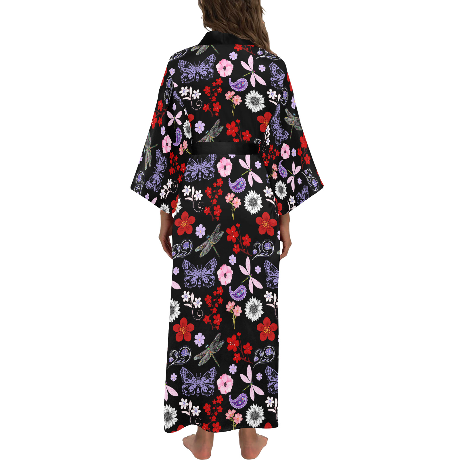 Black, Red, Pink, Purple, Dragonflies, Butterfly and Flowers Design Long Kimono Robe