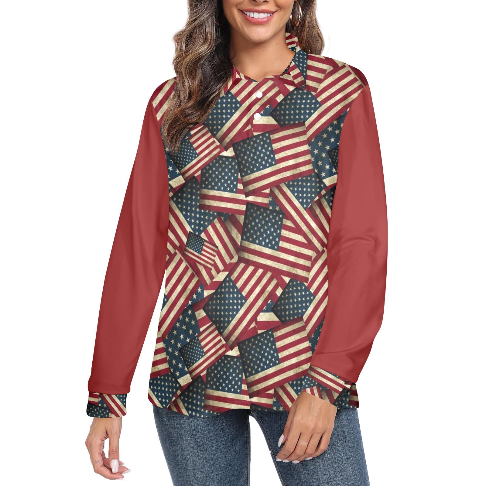 Patriotic USA American Flag Art  / Red Women's Long Sleeve Polo Shirt (Model T73)