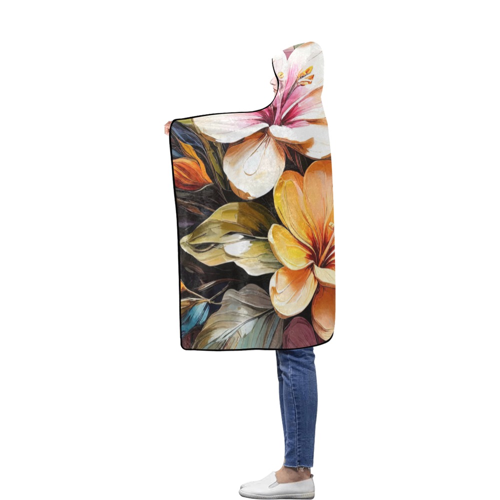 Elegant colorful fantasy flowers oil paint art. Flannel Hooded Blanket 50''x60''