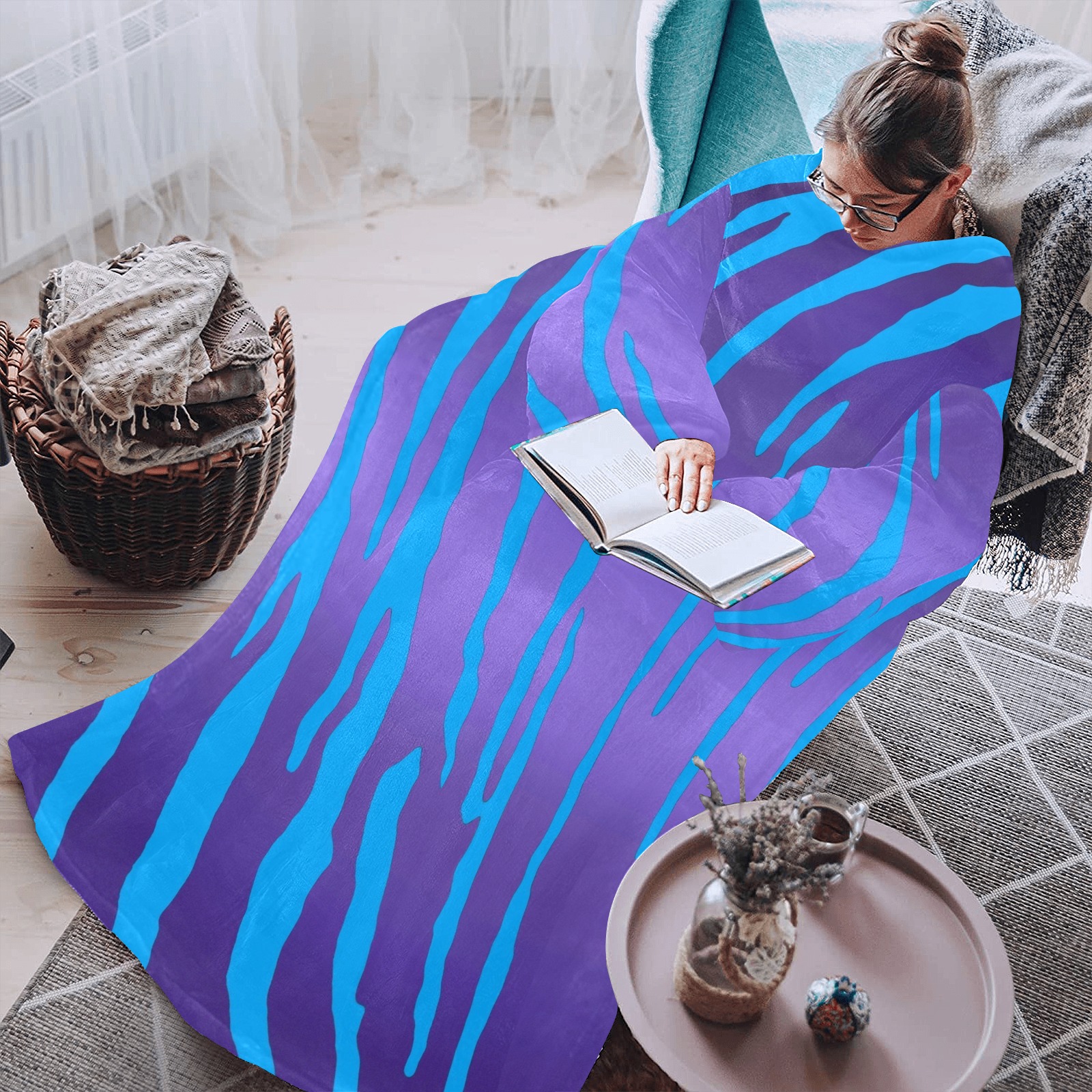 Metallic Tiger Stripes Purple Blue Blanket Robe with Sleeves for Adults