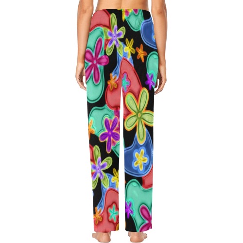 Colorful Retro Flowers Fractalius Pattern Women's Pajama Trousers