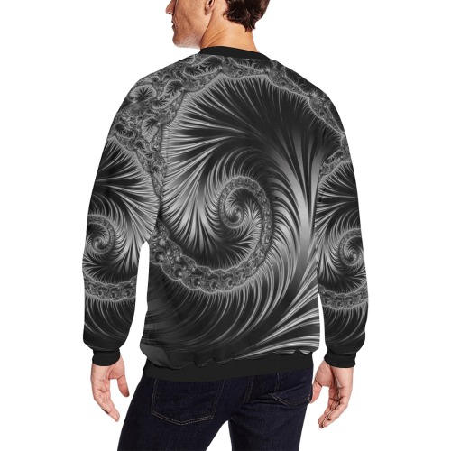 Black and Silver Spiral Fractal Abstract All Over Print Crewneck Sweatshirt for Men (Model H18)