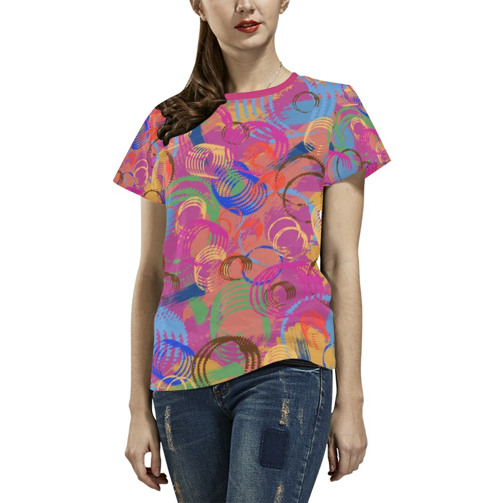 Paint and Rings Abstract All Over Print T-Shirt for Women (USA Size) (Model T40)