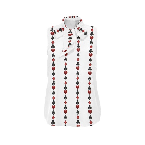 Black Red Playing Card Shapes - White Women's Bow Tie V-Neck Sleeveless Shirt (Model T69)