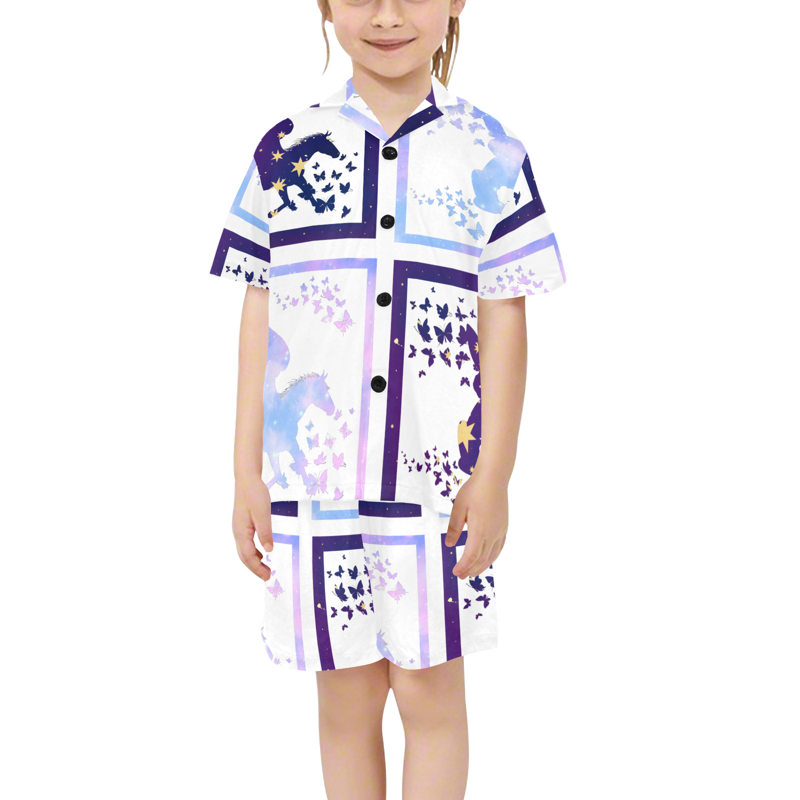 Bunny and Pegasus Together in Blue Patchwork Design Little Girls' V-Neck Short Pajama Set