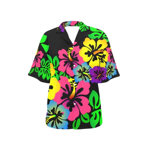 Hibiscus Hawaiian Flowers on Black All Over Print Hawaiian Shirt for Women (Model T58)