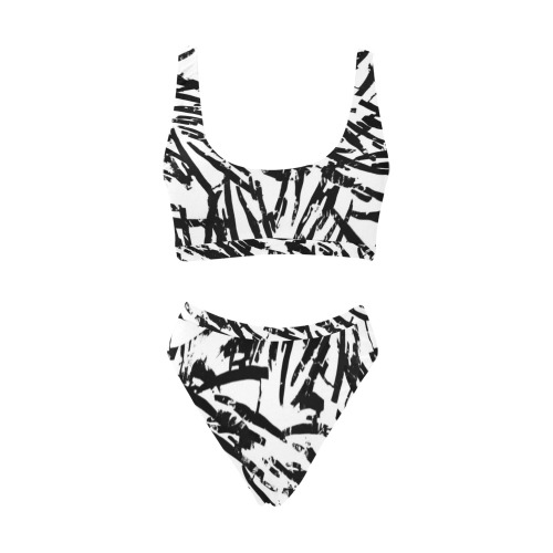 Brush Stroke Black and White Sport Top & High-Waisted Bikini Swimsuit (Model S07)