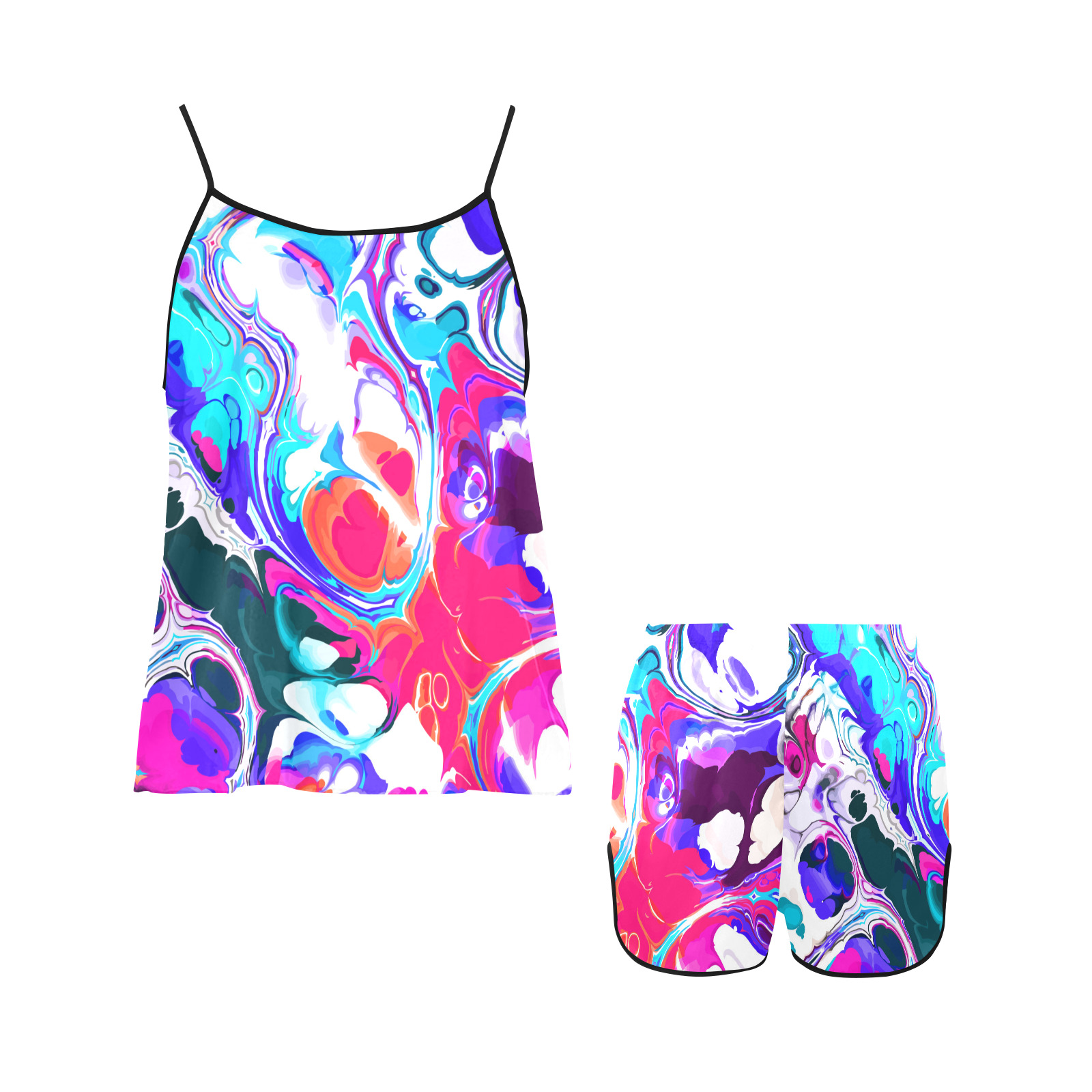 Blue White Pink Liquid Flowing Marbled Ink Abstract Women's Spaghetti Strap Short Pajama Set