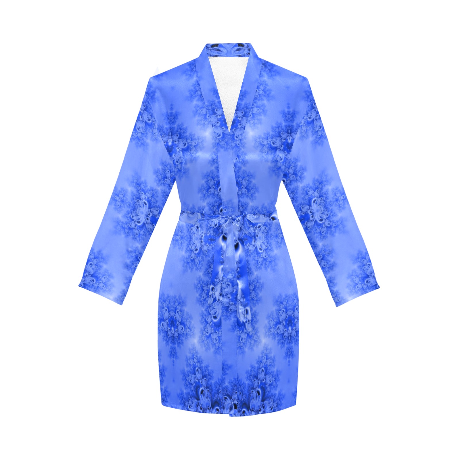 Blue Sky over the Bluebells Frost Fractal Women's Long Sleeve Belted Night Robe