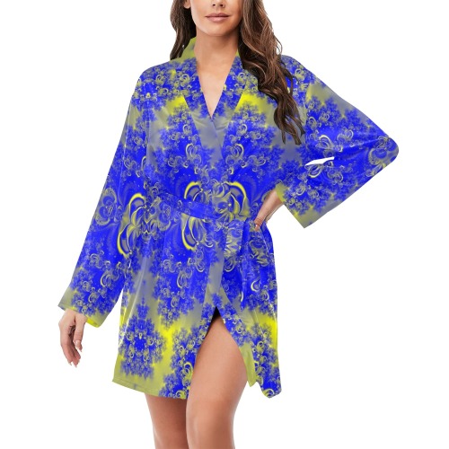 Sunlight and Blueberry Plants Frost Fractal Women's Long Sleeve Belted Night Robe