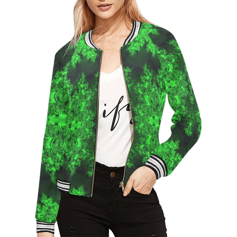 Frost on the Evergreens Fractal All Over Print Bomber Jacket for Women (Model H21)