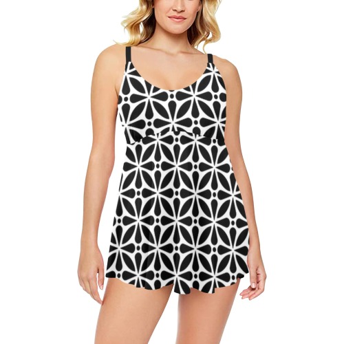 Black and White Geometric Floral Chest Pleat Swim Dress (Model S31)