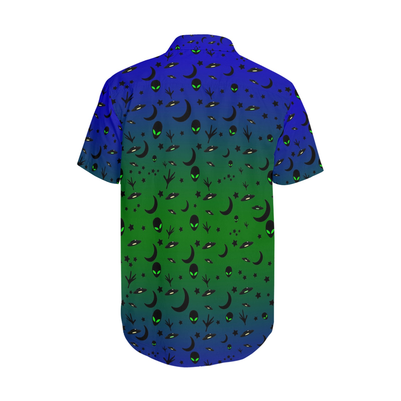Aliens and Spaceships Blue and Green Men's Short Sleeve Shirt with Lapel Collar (Model T54)