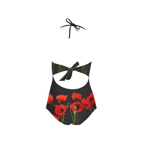 Poppies Floral Design on dark gray Papaver somniferum Lace Band Embossing Swimsuit (Model S15)