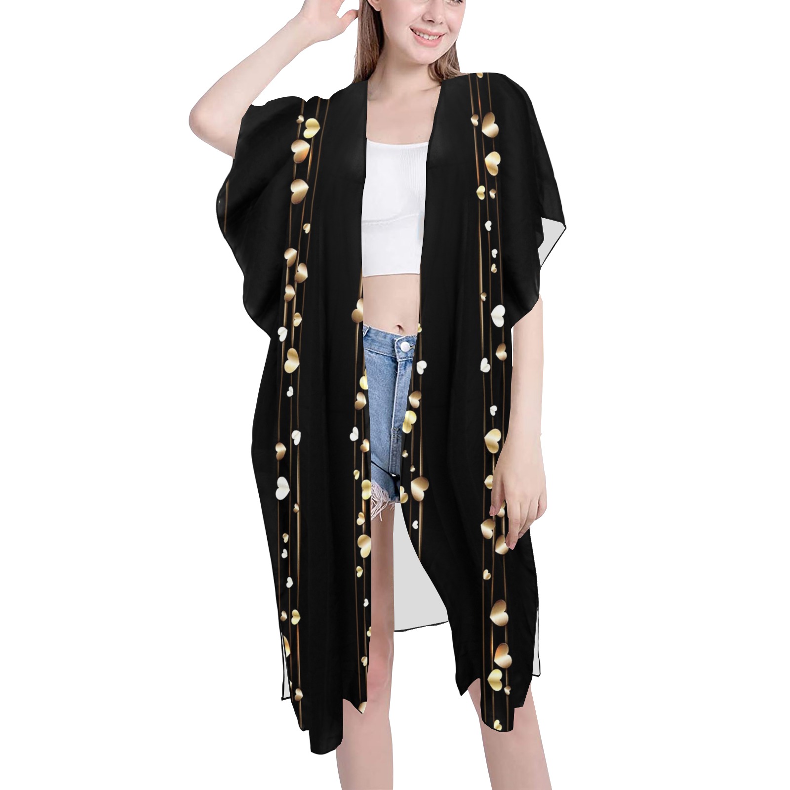 Strings of Golden Hearts Print Mid-Length Side Slits Chiffon Cover Ups (Model H50)