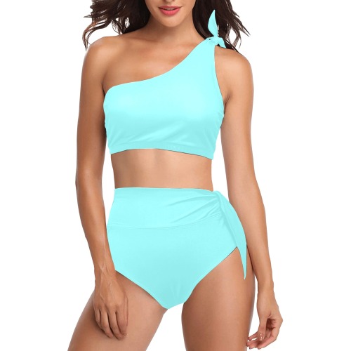 color ice blue High Waisted One Shoulder Bikini Set (Model S16)
