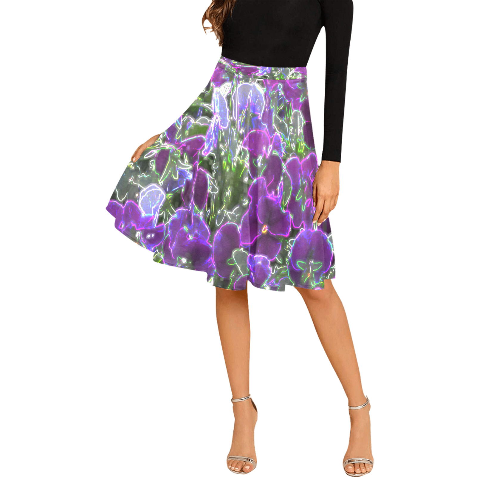 Field Of Purple Flowers 8420 Melete Pleated Midi Skirt (Model D15)