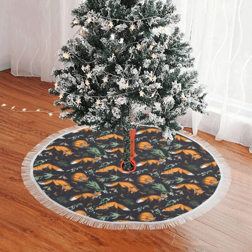 Foxes in the forest night-085 Thick Fringe Christmas Tree Skirt 36"x36"