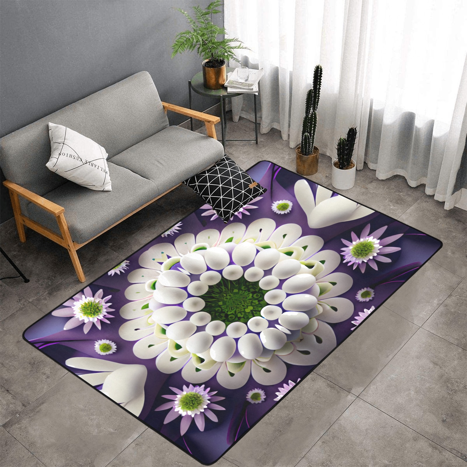 violet and white floral pattern 2 Area Rug with Black Binding 7'x5'