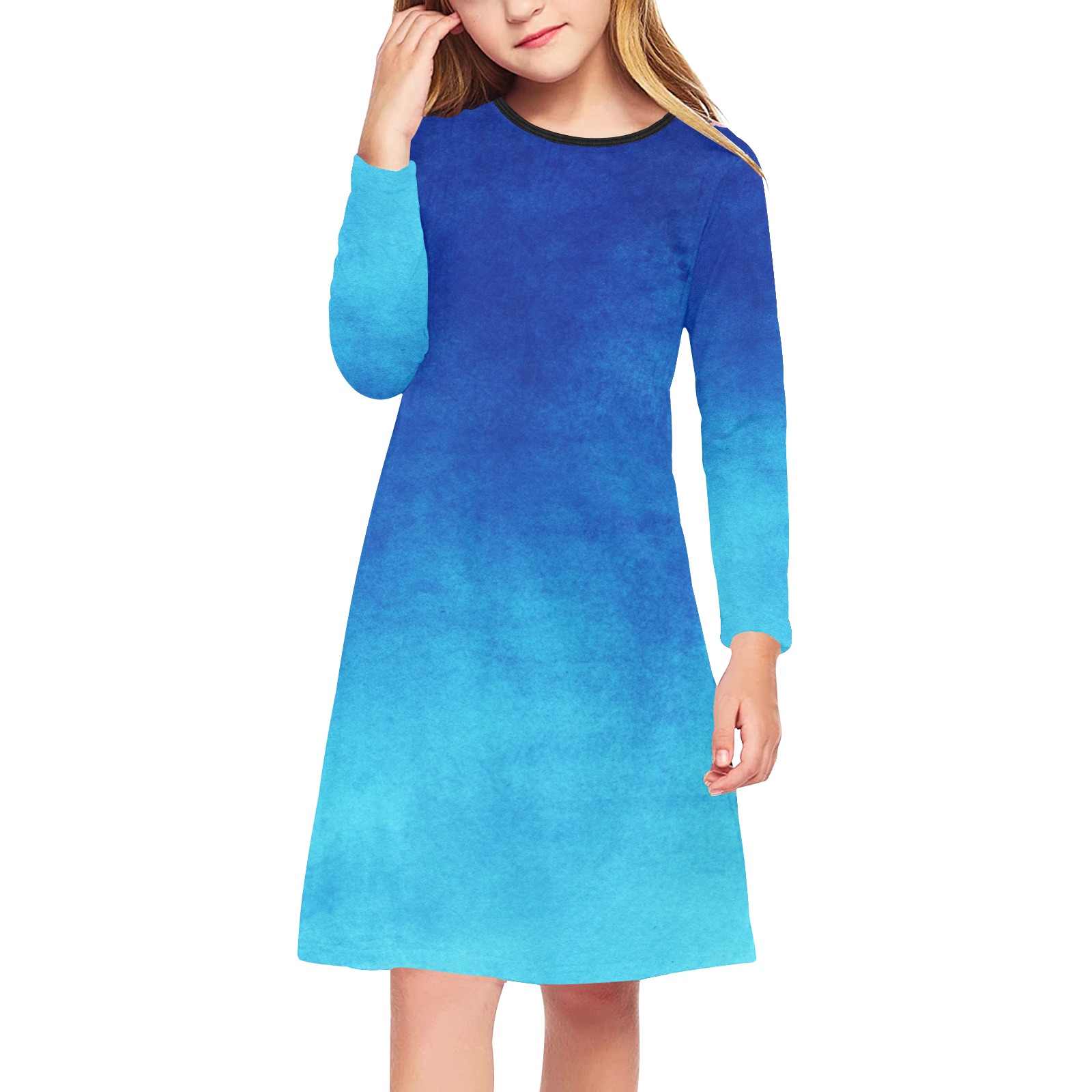 Blue Grunge Gradient Girls' Long Sleeve Dress (Model D59)