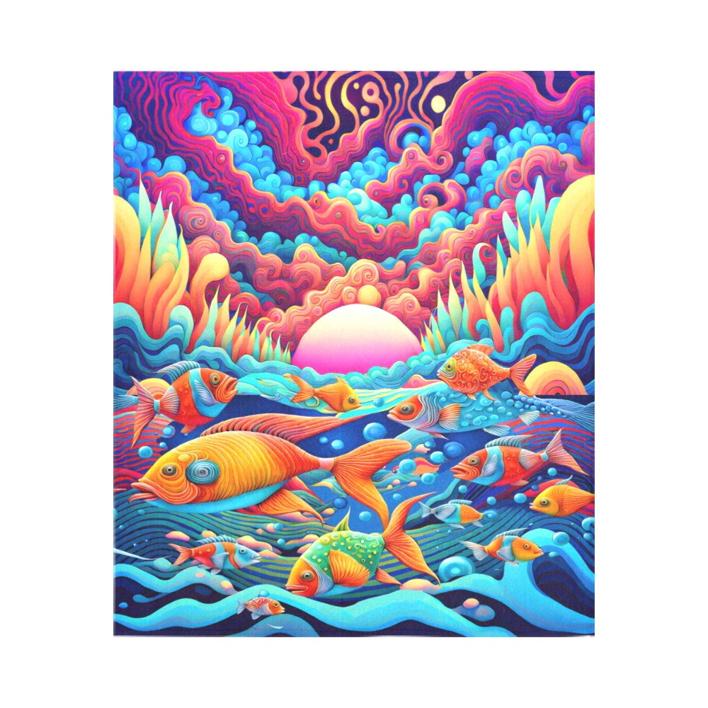 Psychedelic Ocean Cotton Linen Wall Tapestry 51"x 60"