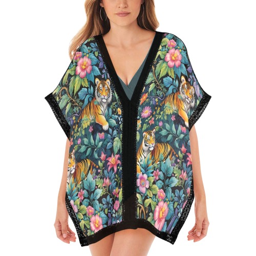 Jungle Tigers and Tropical Flowers Pattern Women's Beach Cover Ups