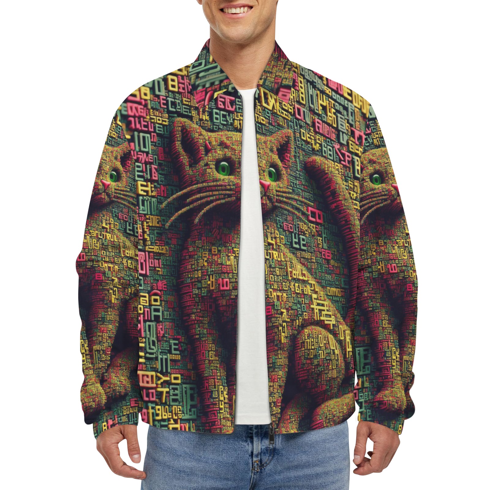 3D cat Men's Turn-Down Collar Jacket (Model H68)