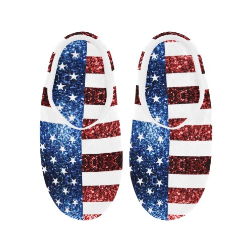 Sparkly USA flag America Red White Blue faux Sparkles patriotic bling 4th of July Women's Non-Slip Cotton Slippers (Model 0602)