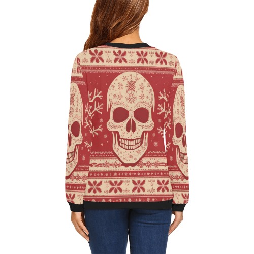 Red and beige fantasy pattern of skull and snow. All Over Print Crewneck Sweatshirt for Women (Model H18)