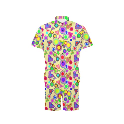Groovy Hearts and Flowers Yellow Men's Short Sleeve Jumpsuit