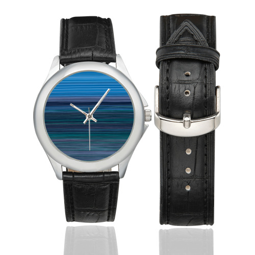 Abstract Blue Horizontal Stripes Women's Classic Leather Strap Watch(Model 203)
