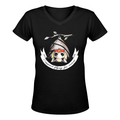 Ladies black v-neck I support flying-foxes Women's Deep V-neck T-shirt (Model T19)