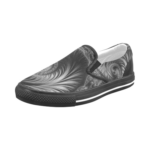 Black and Silver Spiral Fractal Abstract Men's Slip-on Canvas Shoes (Model 019)
