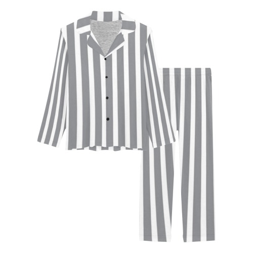 Grey and White Stripe Pattern Women's Long Pajama Set